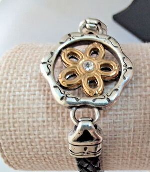Brighton Mai Jin Bracelet Two Tone Reversible Daisy Flower Black Leather Cord